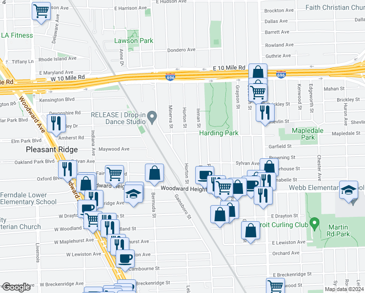 map of restaurants, bars, coffee shops, grocery stores, and more near 3009 Horton Street in Ferndale