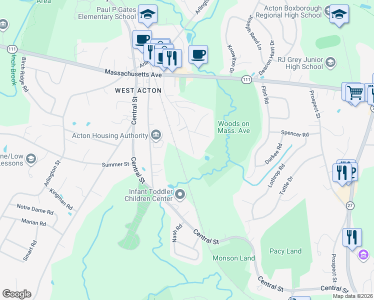map of restaurants, bars, coffee shops, grocery stores, and more near 43-R Kinsley Road in Acton
