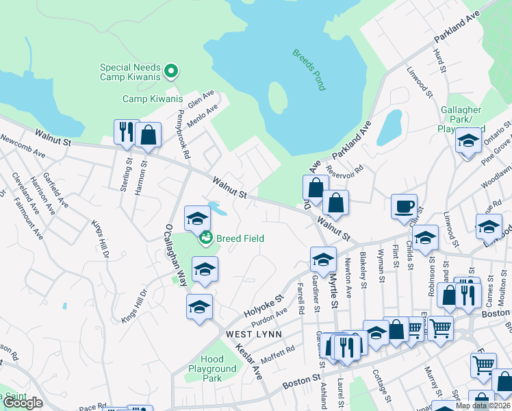 map of restaurants, bars, coffee shops, grocery stores, and more near 382 Walnut Street in Lynn