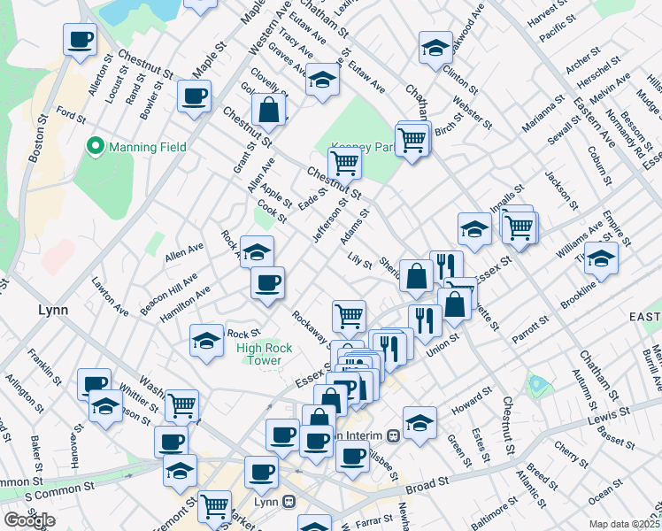 map of restaurants, bars, coffee shops, grocery stores, and more near 96 Adams Street in Lynn