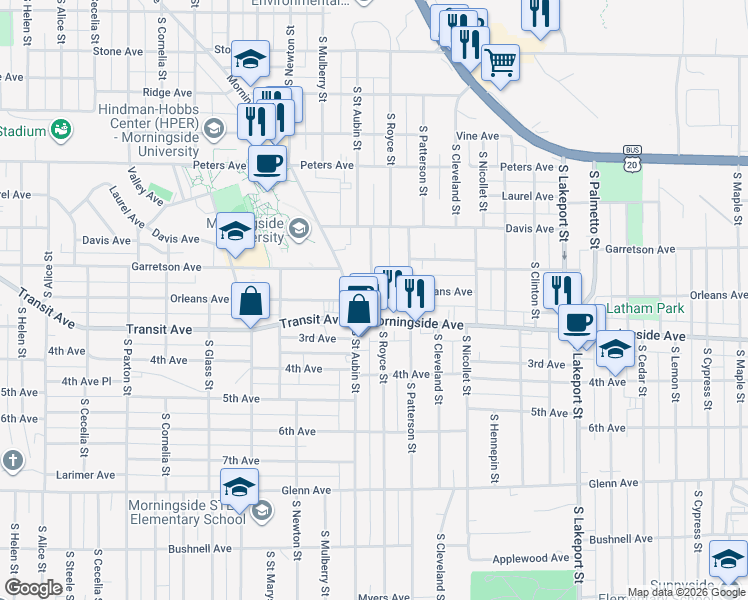 map of restaurants, bars, coffee shops, grocery stores, and more near 4001-4099 Morningside Avenue in Sioux City