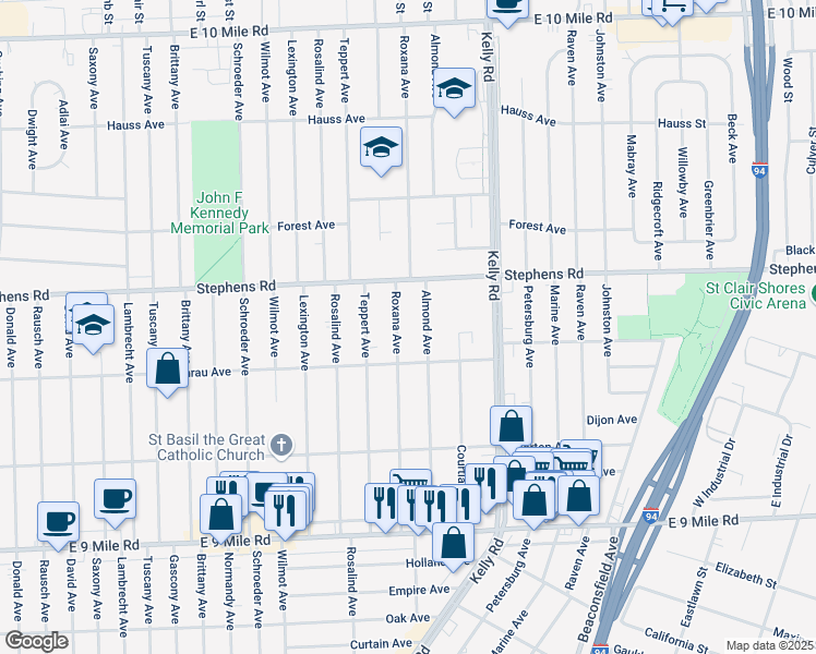 map of restaurants, bars, coffee shops, grocery stores, and more near 23744 Roxana Avenue in Eastpointe