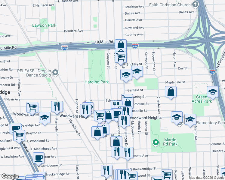 map of restaurants, bars, coffee shops, grocery stores, and more near 2942 Grayson Street in Ferndale