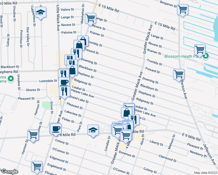map of restaurants, bars, coffee shops, grocery stores, and more near 21931 Ridgeway Street in St. Clair Shores