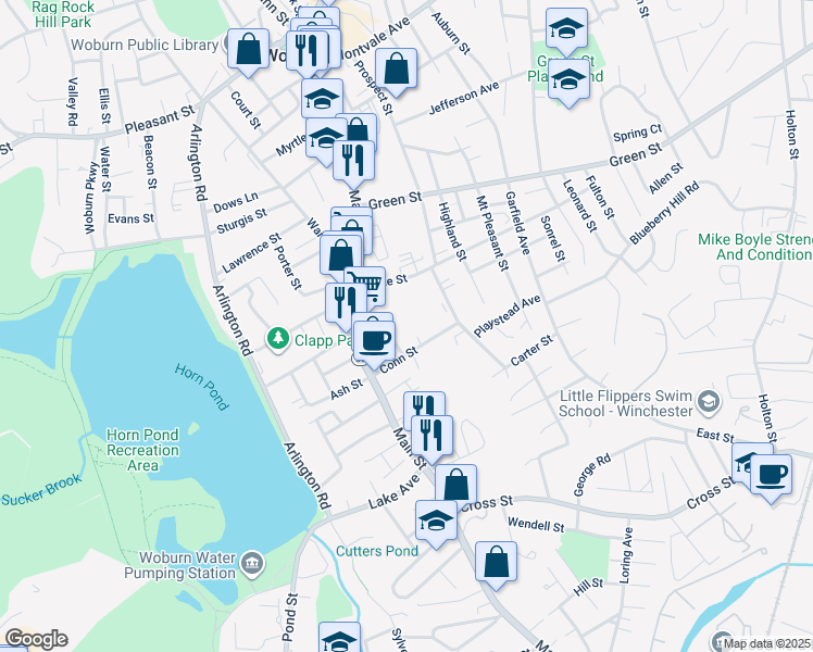 map of restaurants, bars, coffee shops, grocery stores, and more near 25 John Street in Woburn