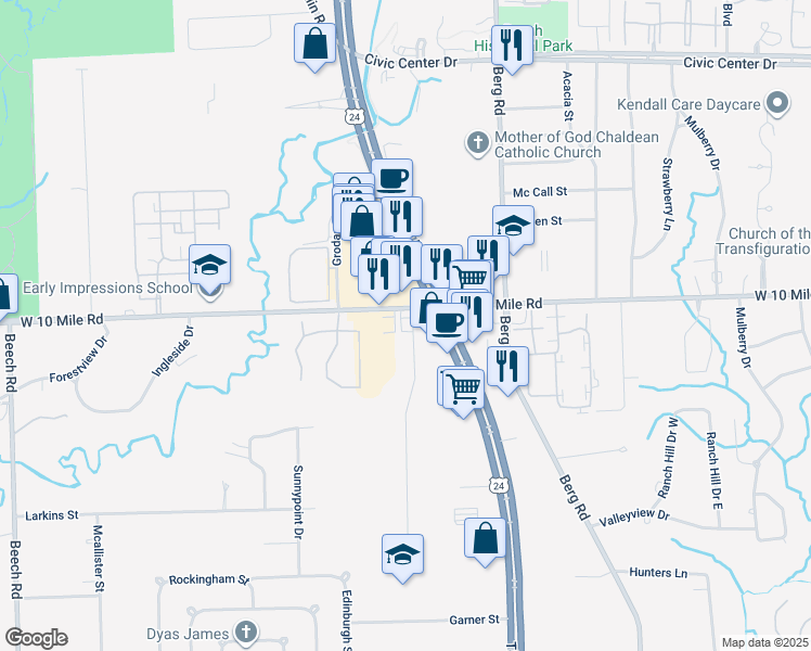map of restaurants, bars, coffee shops, grocery stores, and more near 24355 West 10 Mile Road in Southfield
