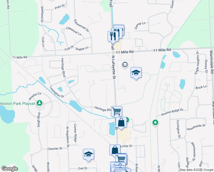 map of restaurants, bars, coffee shops, grocery stores, and more near 25015 Potomac Drive in South Lyon