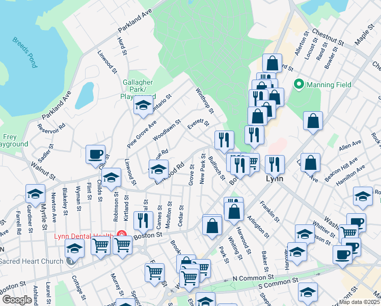 map of restaurants, bars, coffee shops, grocery stores, and more near 127 Grove Street in Lynn