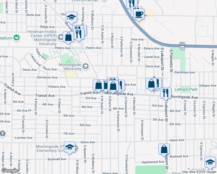 map of restaurants, bars, coffee shops, grocery stores, and more near 4099 Morningside Avenue in Sioux City