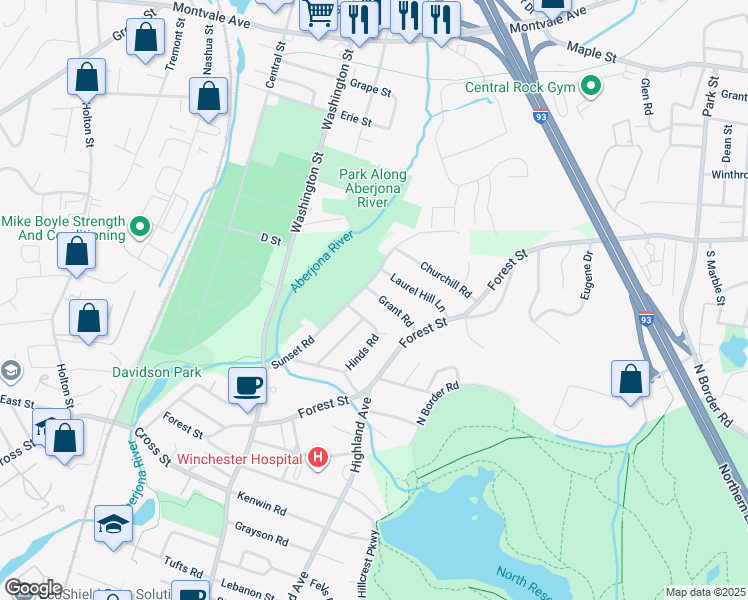 map of restaurants, bars, coffee shops, grocery stores, and more near 18 Grant Road in Winchester