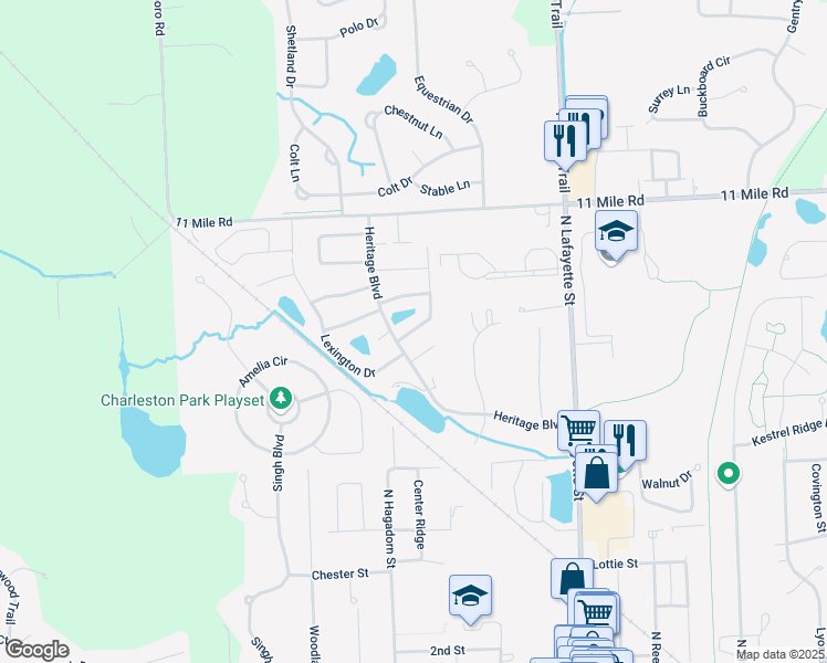 map of restaurants, bars, coffee shops, grocery stores, and more near 25113 Jefferson Court in South Lyon