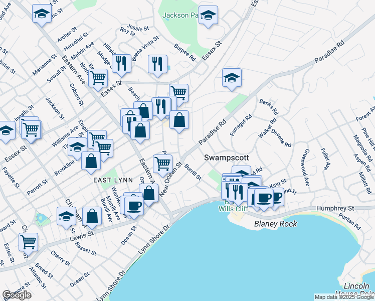map of restaurants, bars, coffee shops, grocery stores, and more near 135 Burrill Street in Swampscott