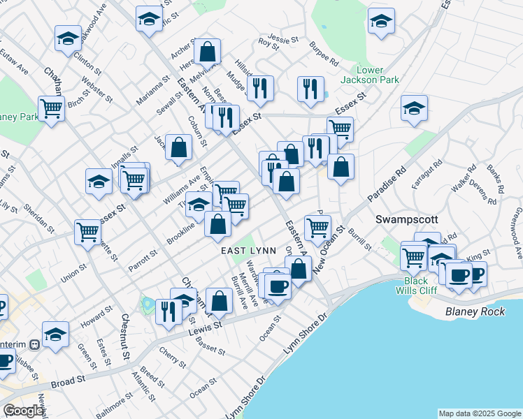 map of restaurants, bars, coffee shops, grocery stores, and more near 67 Superior Street in Lynn