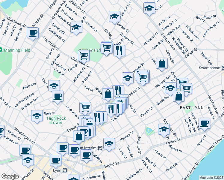map of restaurants, bars, coffee shops, grocery stores, and more near 207 Chestnut Street in Lynn