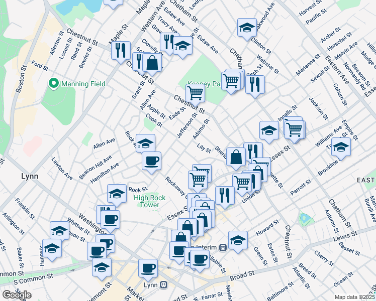 map of restaurants, bars, coffee shops, grocery stores, and more near 96 Adams Street in Lynn