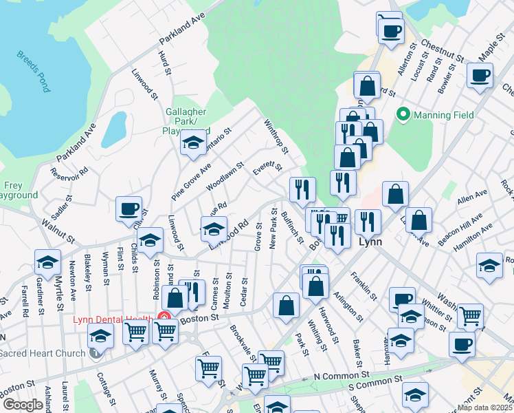 map of restaurants, bars, coffee shops, grocery stores, and more near 127 Grove Street in Lynn