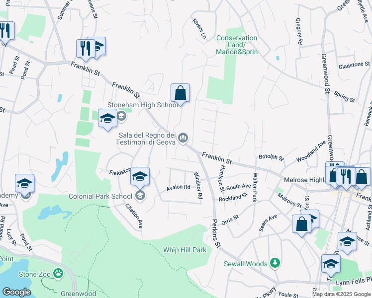 map of restaurants, bars, coffee shops, grocery stores, and more near 2 Kevin Avenue in Stoneham