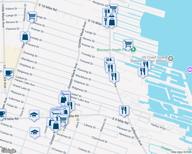 map of restaurants, bars, coffee shops, grocery stores, and more near 22515 Blackburn Street in Saint Clair Shores