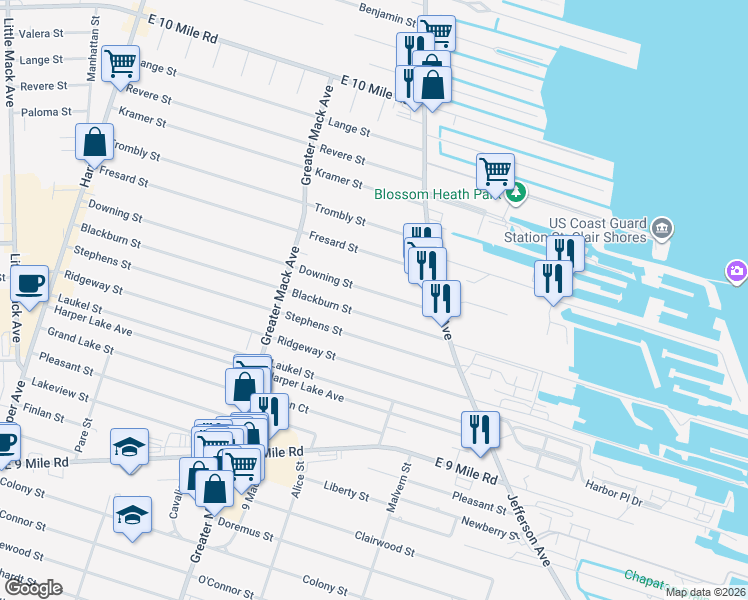 map of restaurants, bars, coffee shops, grocery stores, and more near 22515 Blackburn Street in St. Clair Shores