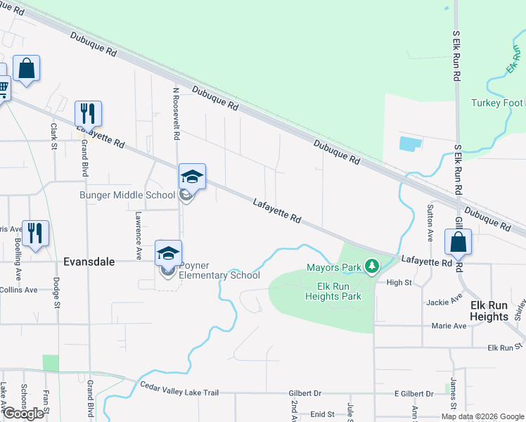 map of restaurants, bars, coffee shops, grocery stores, and more near 4412 Lafayette Road in Evansdale