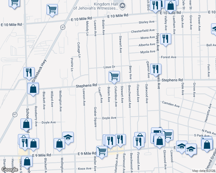 map of restaurants, bars, coffee shops, grocery stores, and more near 14454 Stephens Road in Warren