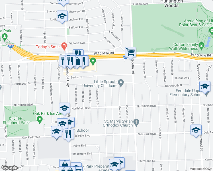 map of restaurants, bars, coffee shops, grocery stores, and more near 13031 Dartmouth Street in Oak Park