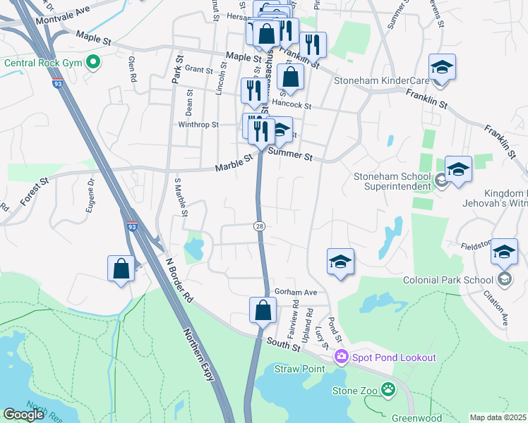 map of restaurants, bars, coffee shops, grocery stores, and more near 538 Main Street in Stoneham