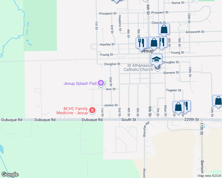 map of restaurants, bars, coffee shops, grocery stores, and more near 1101 2nd Street in Jesup
