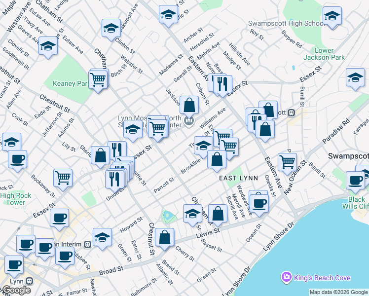 map of restaurants, bars, coffee shops, grocery stores, and more near 4 Brookline Avenue in Lynn