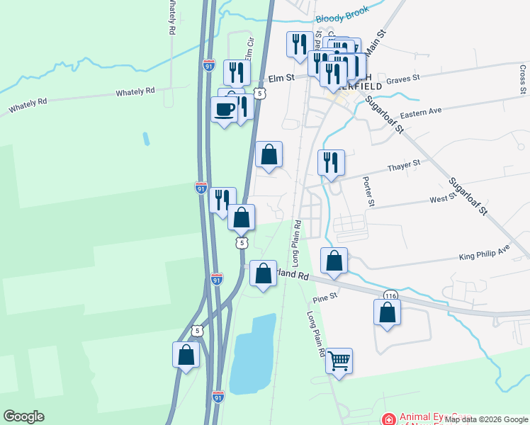 map of restaurants, bars, coffee shops, grocery stores, and more near 73 Old State Rd in Deerfield