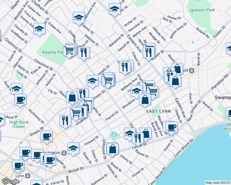 map of restaurants, bars, coffee shops, grocery stores, and more near 146 Williams Avenue in Lynn