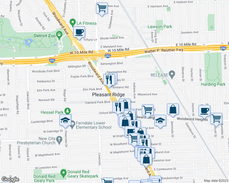 map of restaurants, bars, coffee shops, grocery stores, and more near 24028 Woodward Avenue in Pleasant Ridge