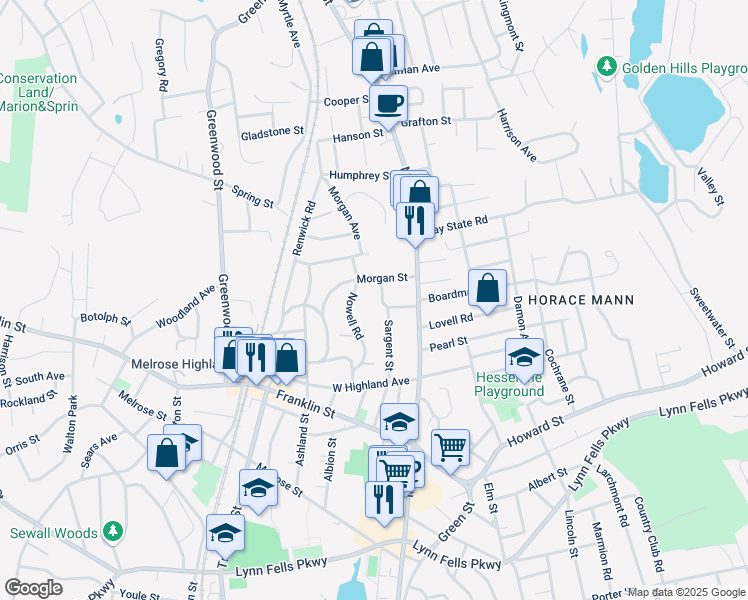 map of restaurants, bars, coffee shops, grocery stores, and more near 100 Sargent Street in Melrose