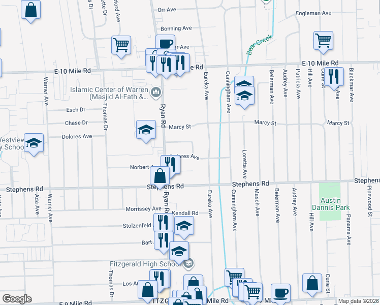 map of restaurants, bars, coffee shops, grocery stores, and more near 4251 Dolores Avenue in Warren