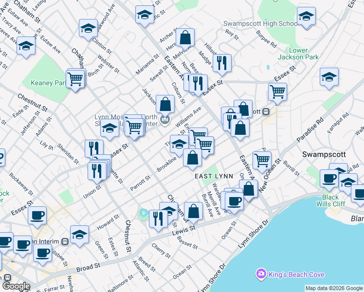 map of restaurants, bars, coffee shops, grocery stores, and more near 91 Brookline Street in Lynn