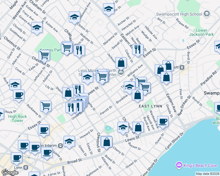 map of restaurants, bars, coffee shops, grocery stores, and more near 146 Williams Avenue in Lynn