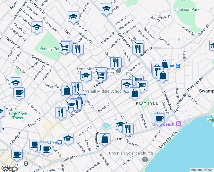 map of restaurants, bars, coffee shops, grocery stores, and more near 146 Williams Avenue in Lynn
