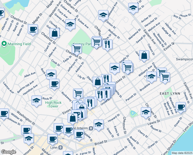 map of restaurants, bars, coffee shops, grocery stores, and more near 22 Ashton Terrace in Lynn