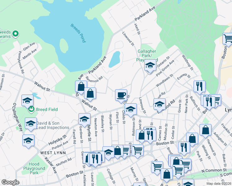 map of restaurants, bars, coffee shops, grocery stores, and more near 13 Curtis Street in Lynn