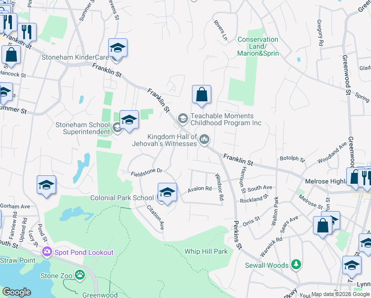 map of restaurants, bars, coffee shops, grocery stores, and more near 15 Pinewood Road in Stoneham