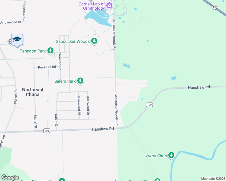 map of restaurants, bars, coffee shops, grocery stores, and more near 214 Sapsucker Woods Road in Ithaca