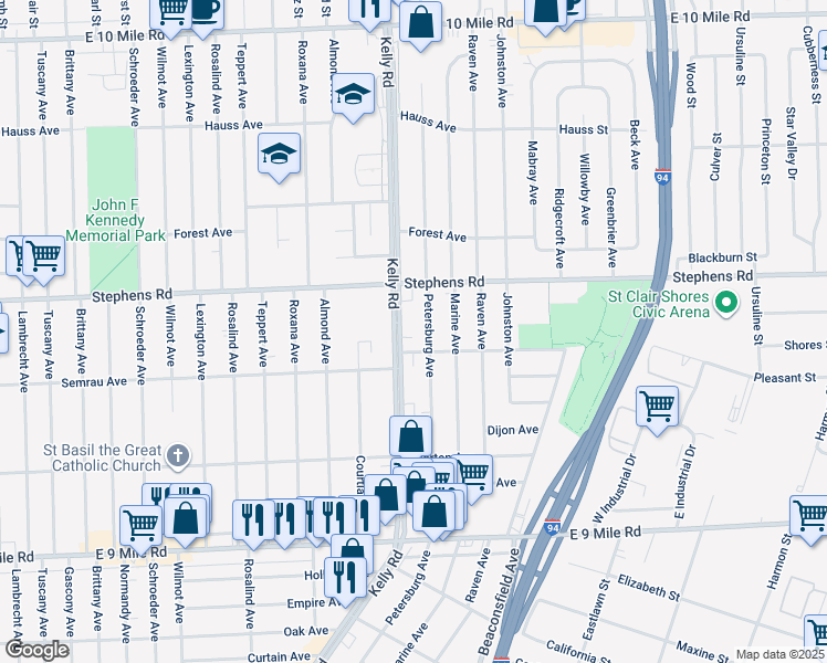 map of restaurants, bars, coffee shops, grocery stores, and more near 23203 Spindler Avenue in Eastpointe