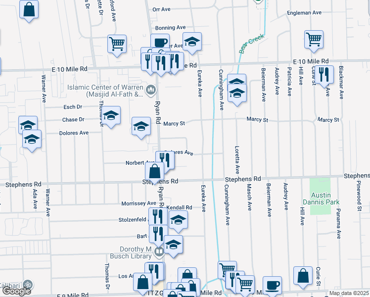 map of restaurants, bars, coffee shops, grocery stores, and more near 4260 Dolores Avenue in Warren