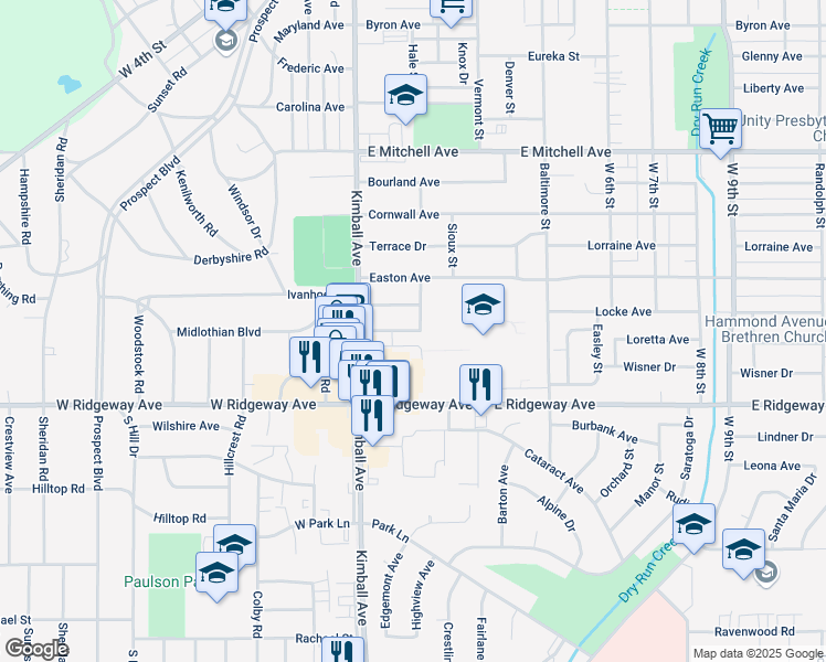 map of restaurants, bars, coffee shops, grocery stores, and more near 134 Acadia Street in Waterloo