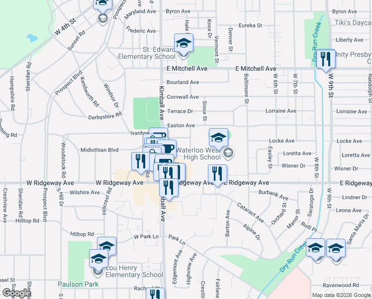 map of restaurants, bars, coffee shops, grocery stores, and more near 134 Acadia Street in Waterloo