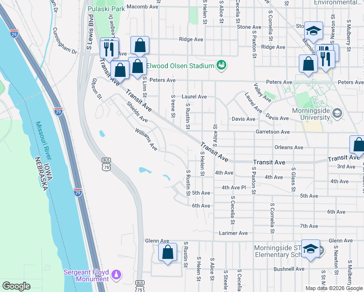 map of restaurants, bars, coffee shops, grocery stores, and more near 1901-1907 S Rustin St in Sioux City