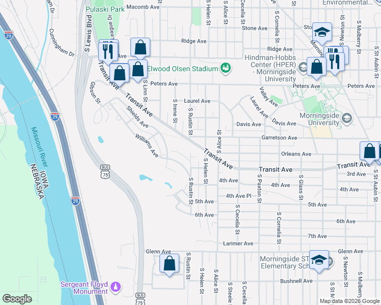 map of restaurants, bars, coffee shops, grocery stores, and more near 1901 South Rustin Street in Sioux City
