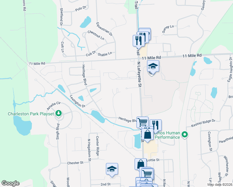 map of restaurants, bars, coffee shops, grocery stores, and more near 25217 Potomac Drive in South Lyon