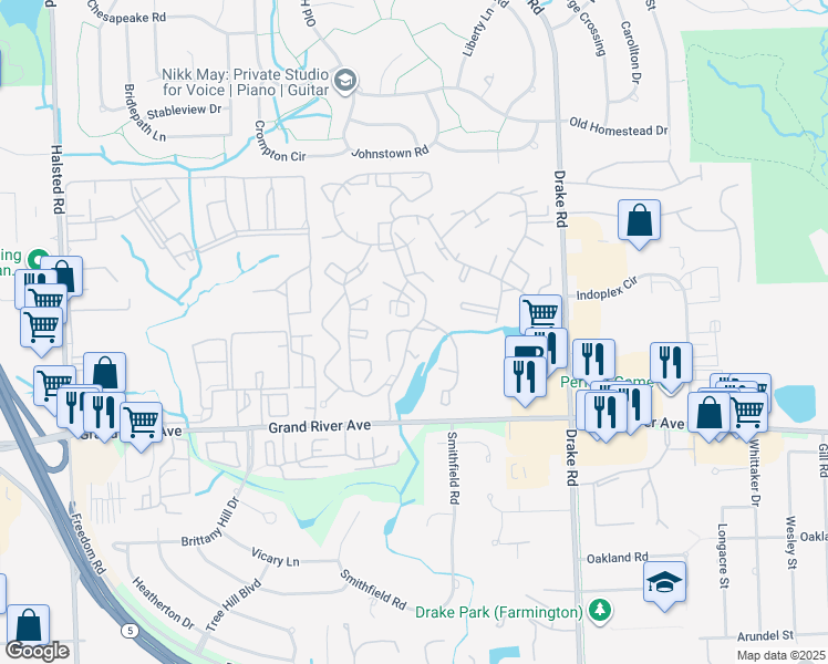 map of restaurants, bars, coffee shops, grocery stores, and more near 35055 Muirwood Drive in Farmington