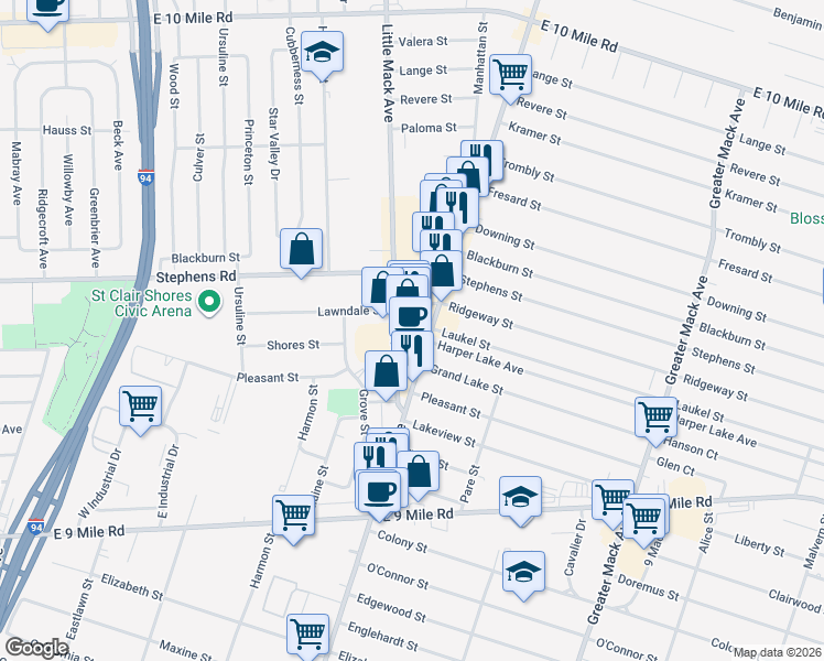 map of restaurants, bars, coffee shops, grocery stores, and more near 23975 Harper Avenue in Saint Clair Shores